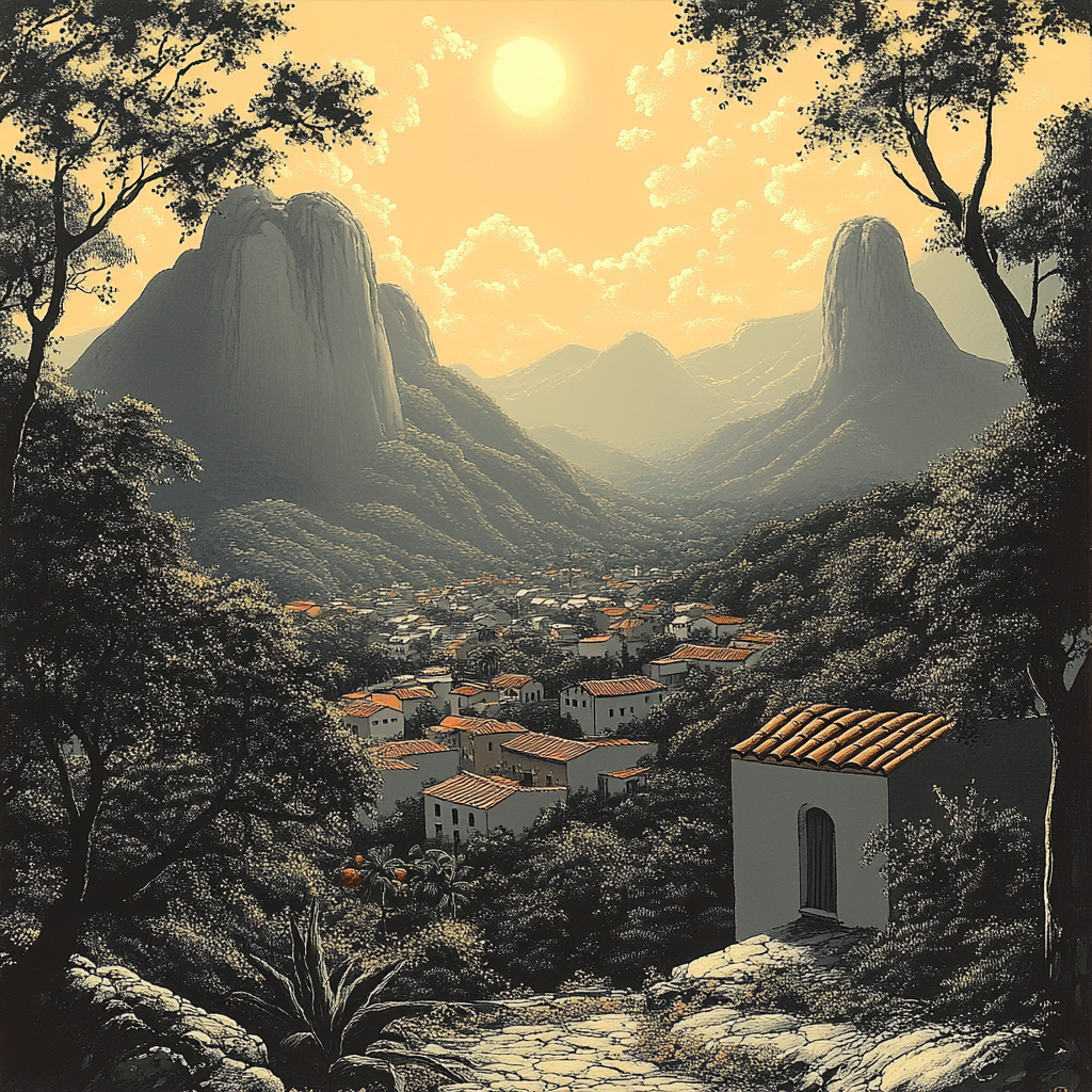 mountains with tile roofed houses in the foreground